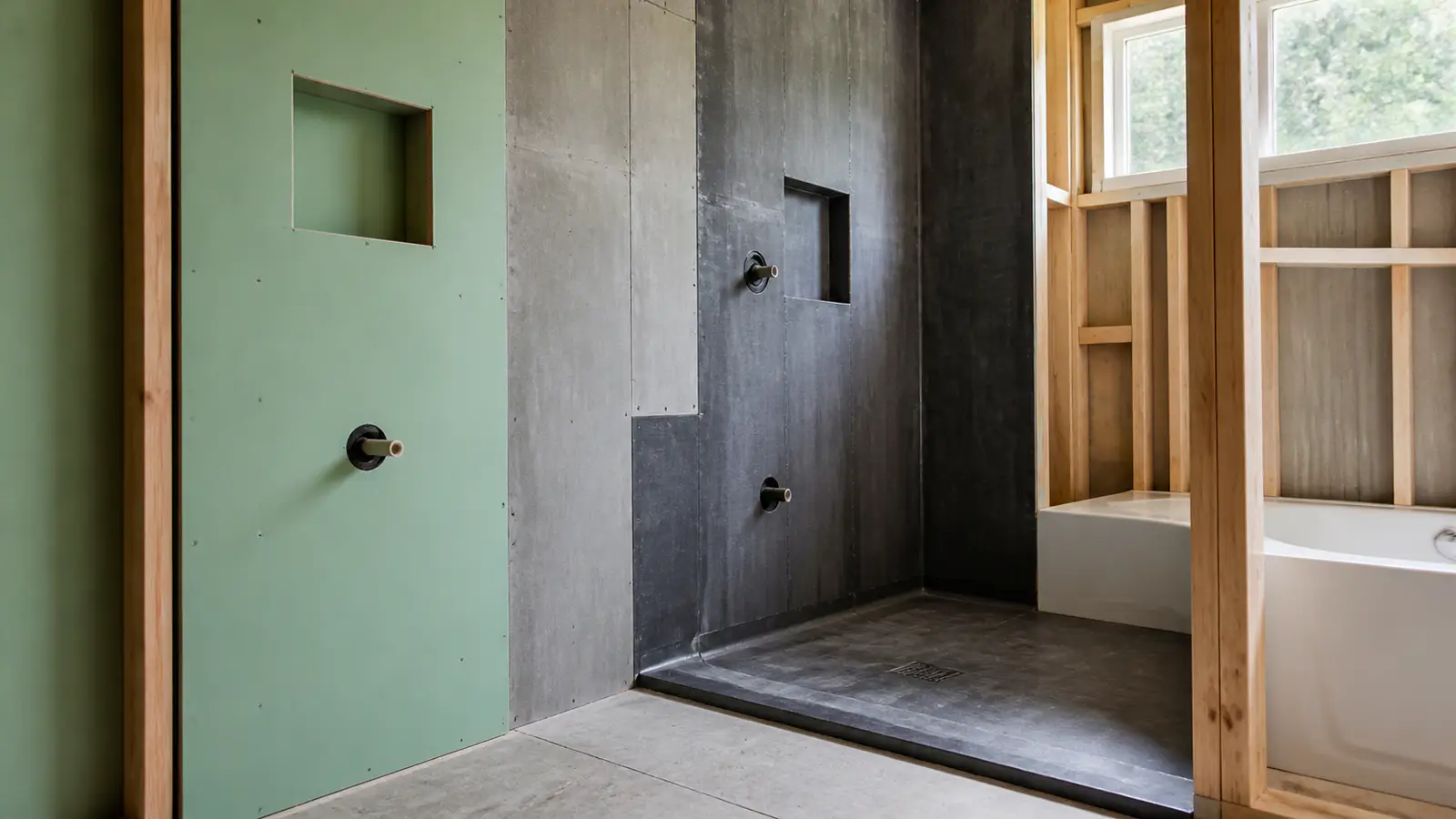 Moisture-resistant drywall board staged for a bathroom wall
