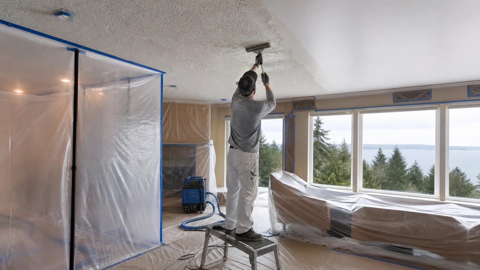 Protected Bell Hill living room during wet popcorn-ceiling removal beside a newly smoothed ceiling plane