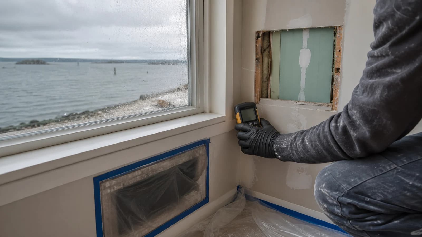 Moisture assessment at a protected window return in a Boston Harbor home