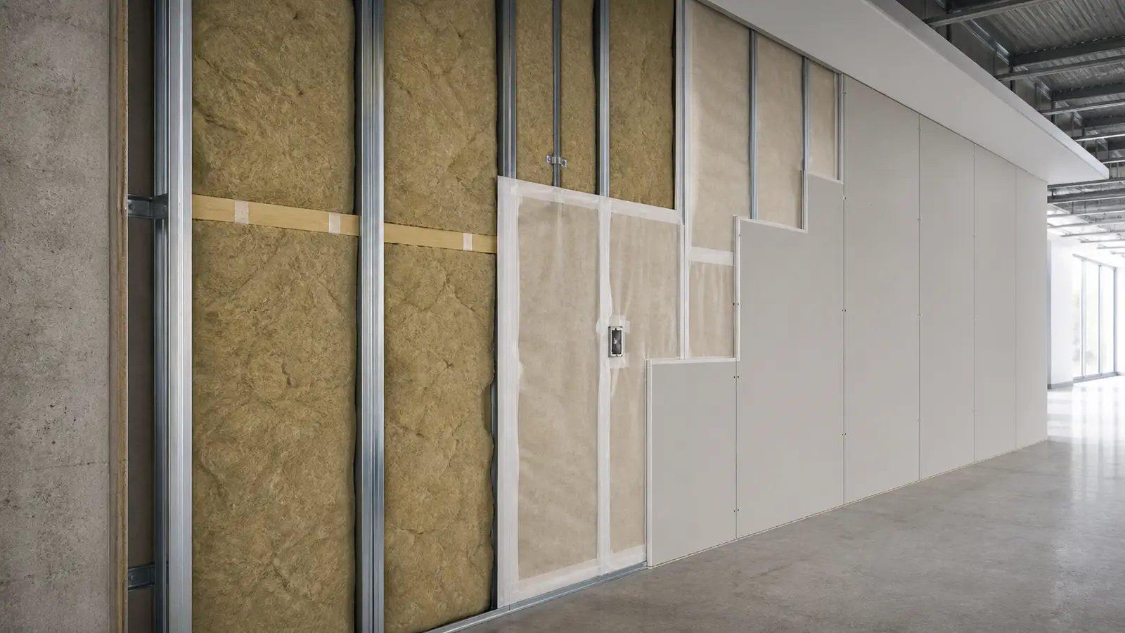 Commercial wall retrofit showing insulation and drywall layers