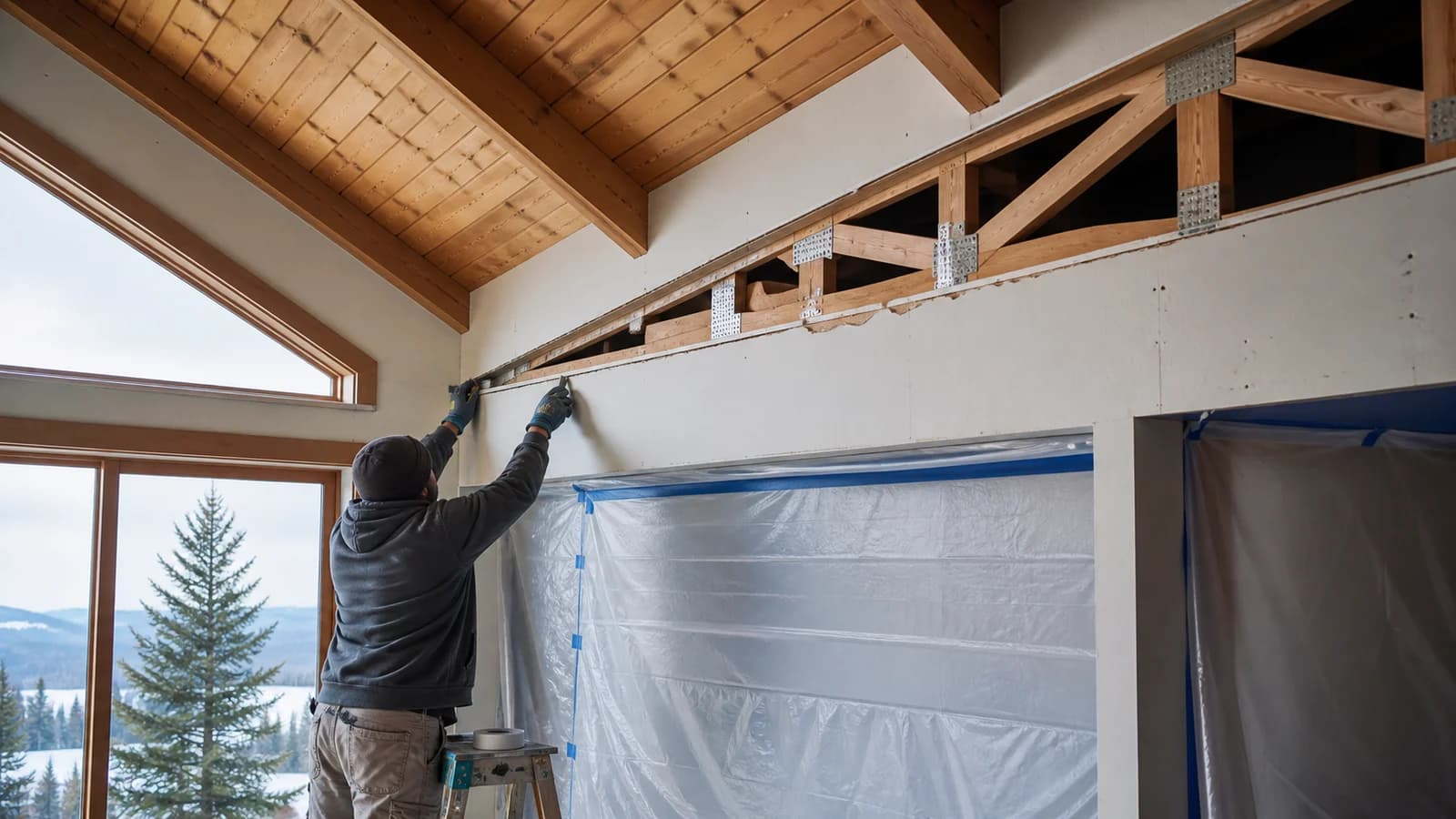 Vaulted Yelm wall-ceiling junction opened beneath roof trusses for seasonal crack repair