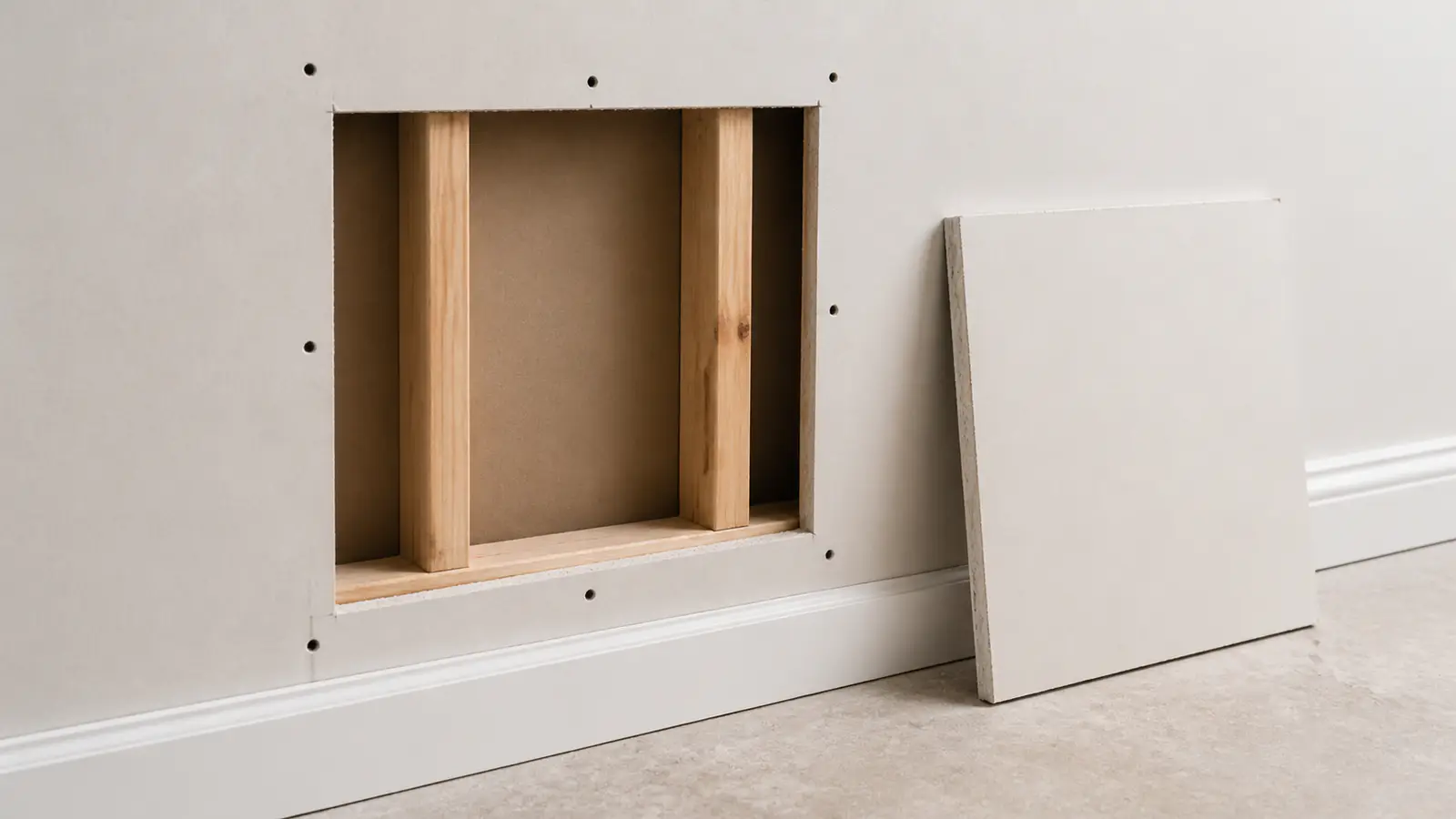 Clean cut-out boundary marking the scope of a drywall repair