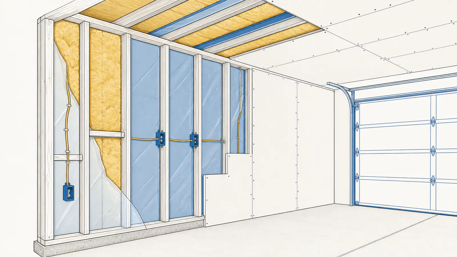 Illustrated garage wall insulation and drywall transition detail