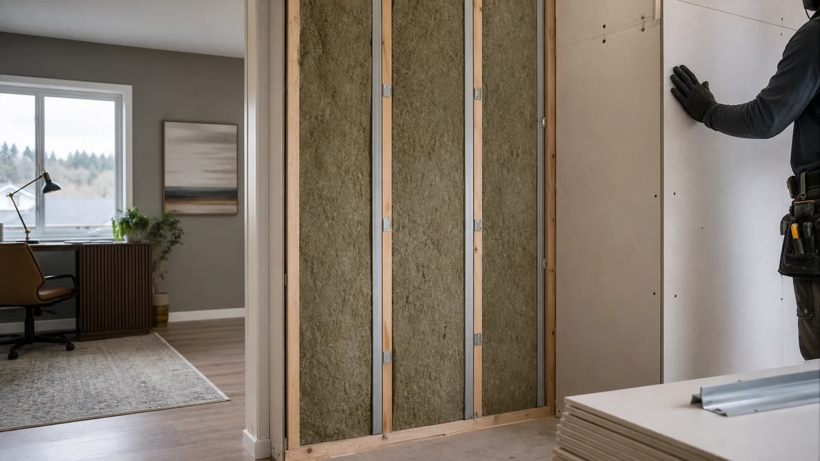 Acoustic party-wall assembly with mineral wool and isolation channel beside a finished home office