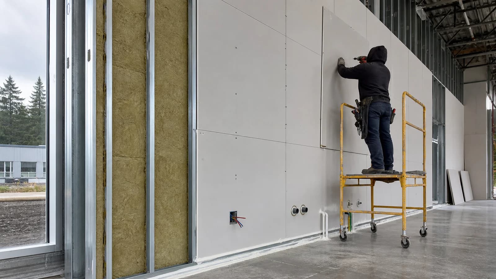 Tall commercial separation wall with mineral wool and layered gypsum installation