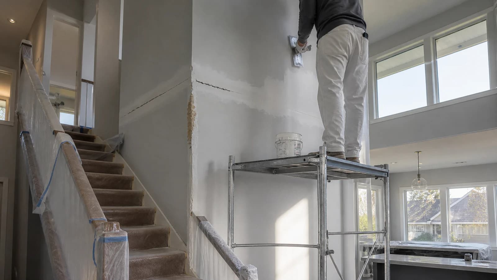 Two-story open stairwell receiving a reinforced and feathered drywall repair