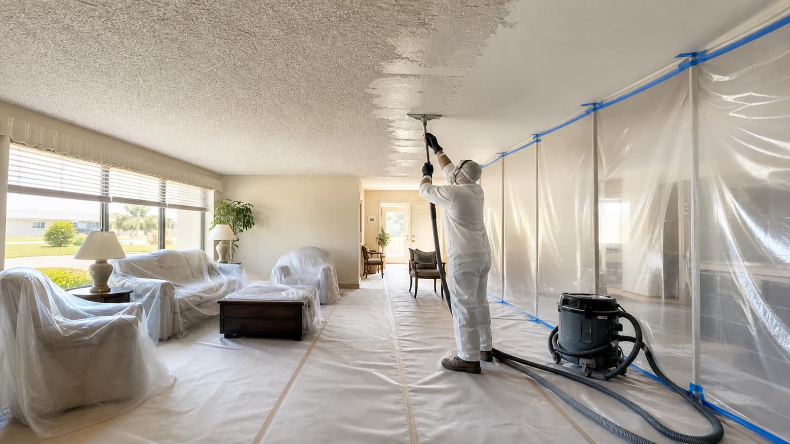 Protected single-level living room during contained popcorn-ceiling removal