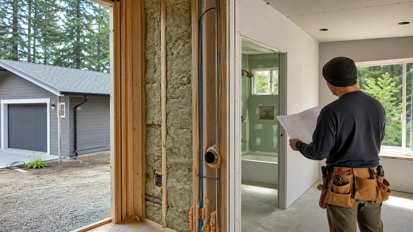 Lacey ADU interior with an insulated separation wall and moisture-resistant bathroom board