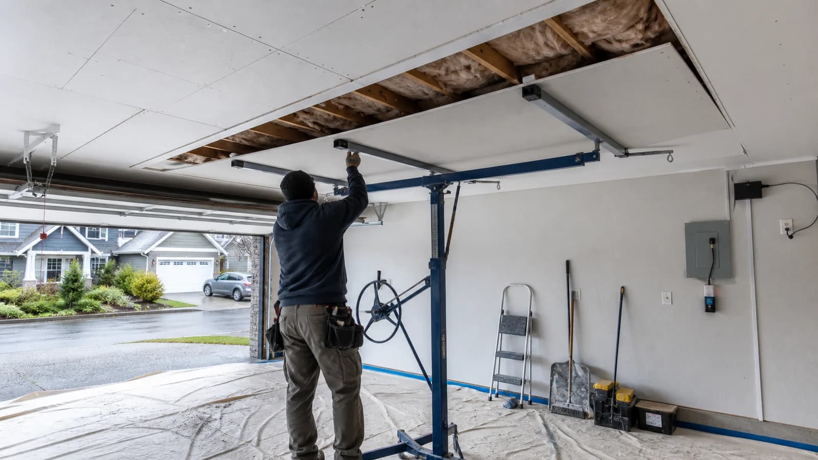 Sagging garage ceiling section supported for replacement with solid backing