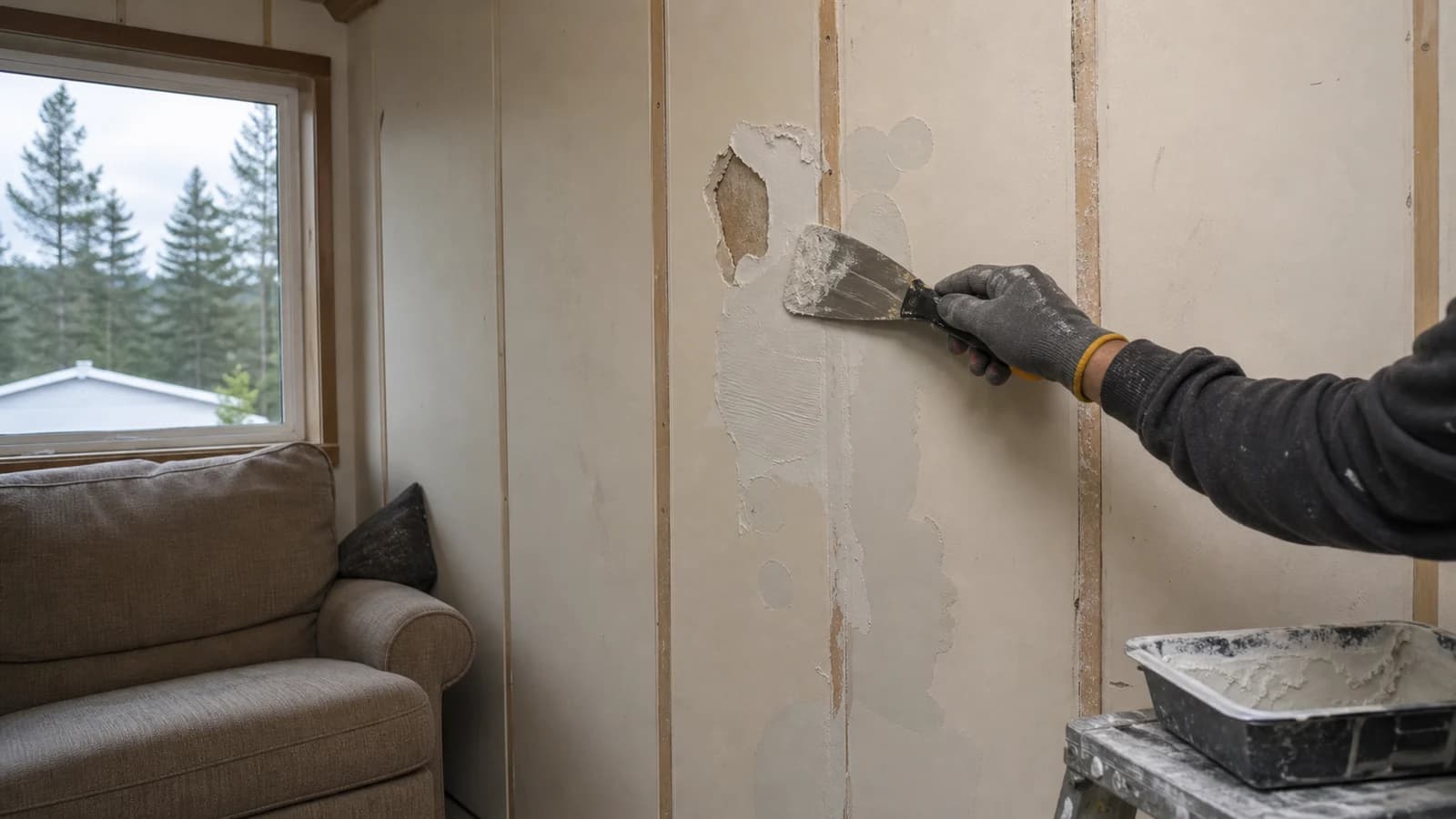Manufactured-home panel seams and localized wall damage receiving a smooth repair