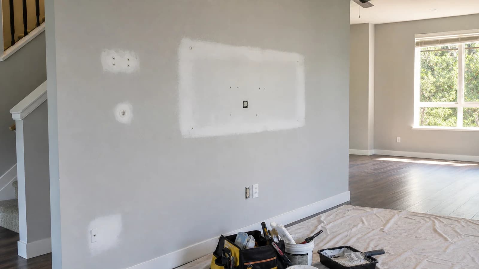 Empty DuPont townhome with localized anchor-hole and television-mount drywall patches
