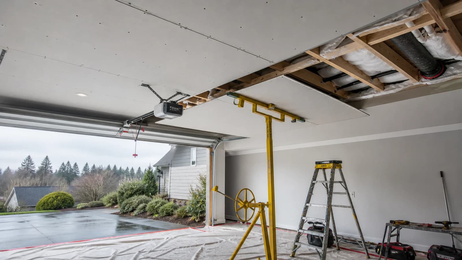 Attached garage ceiling opened for layered drywall replacement and solid backing