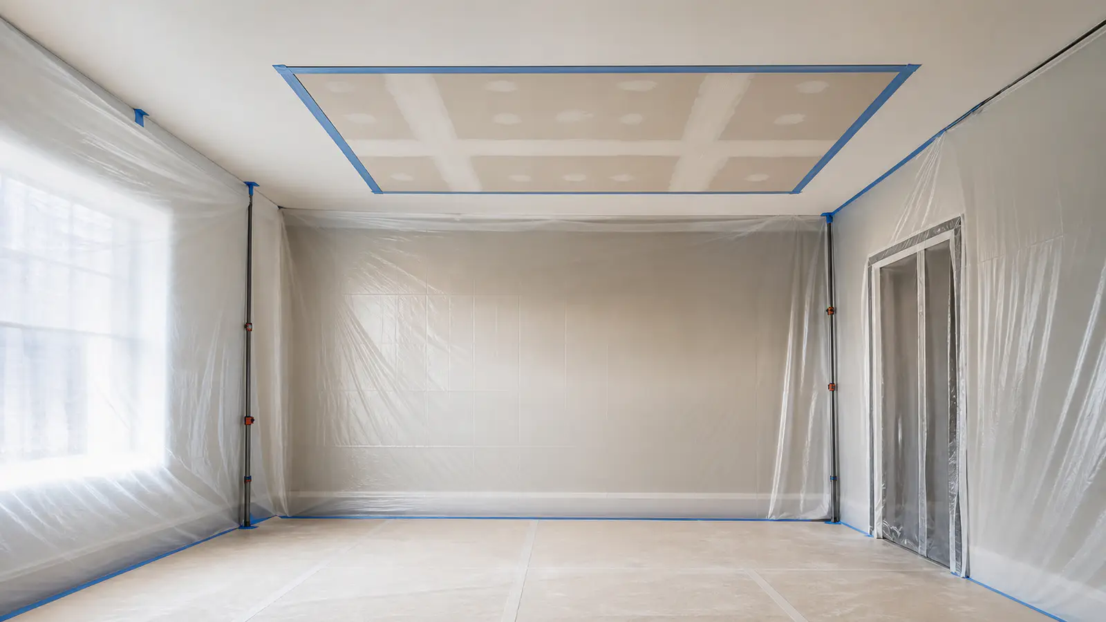 Protected ceiling sample area prepared for professional assessment
