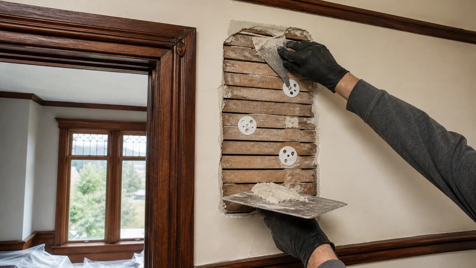 Historic wood lath and plaster stabilized with washers beside original craftsman trim