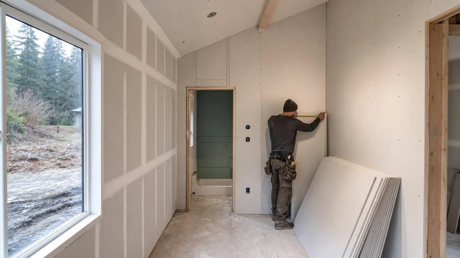 Compact detached Yelm ADU during board installation and early seam finishing