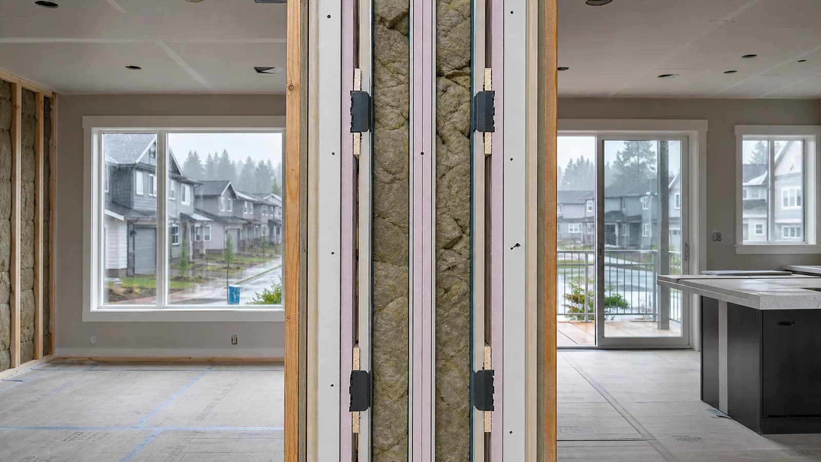Middle-housing party wall with isolated framing, mineral wool, and layered gypsum