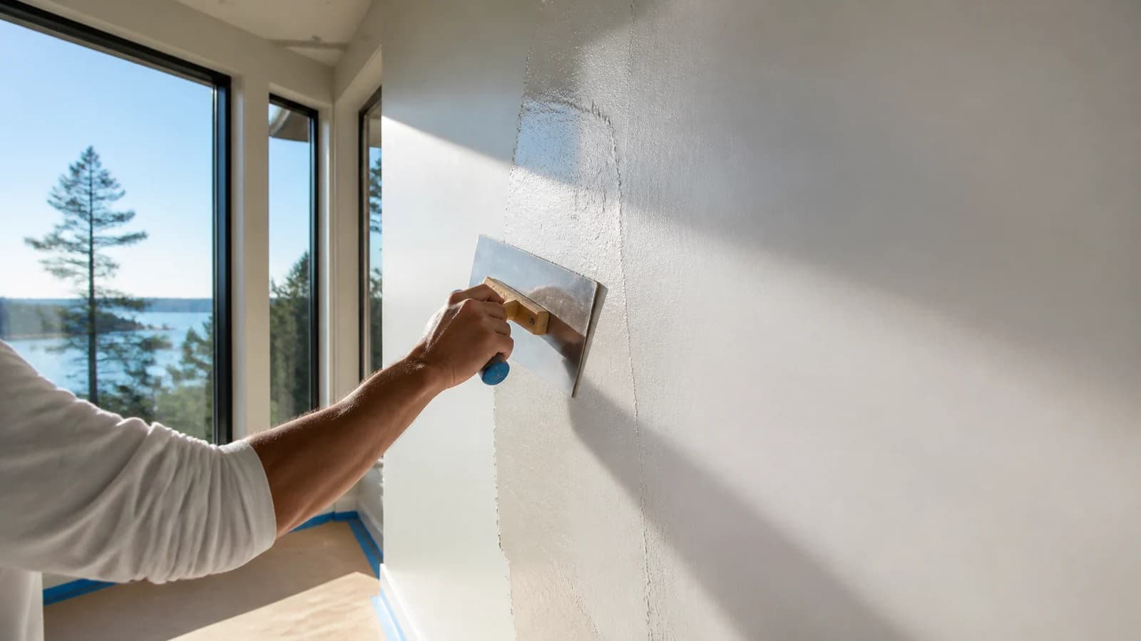 Level 5 skim coat applied under strong raking daylight in a Cooper Point home