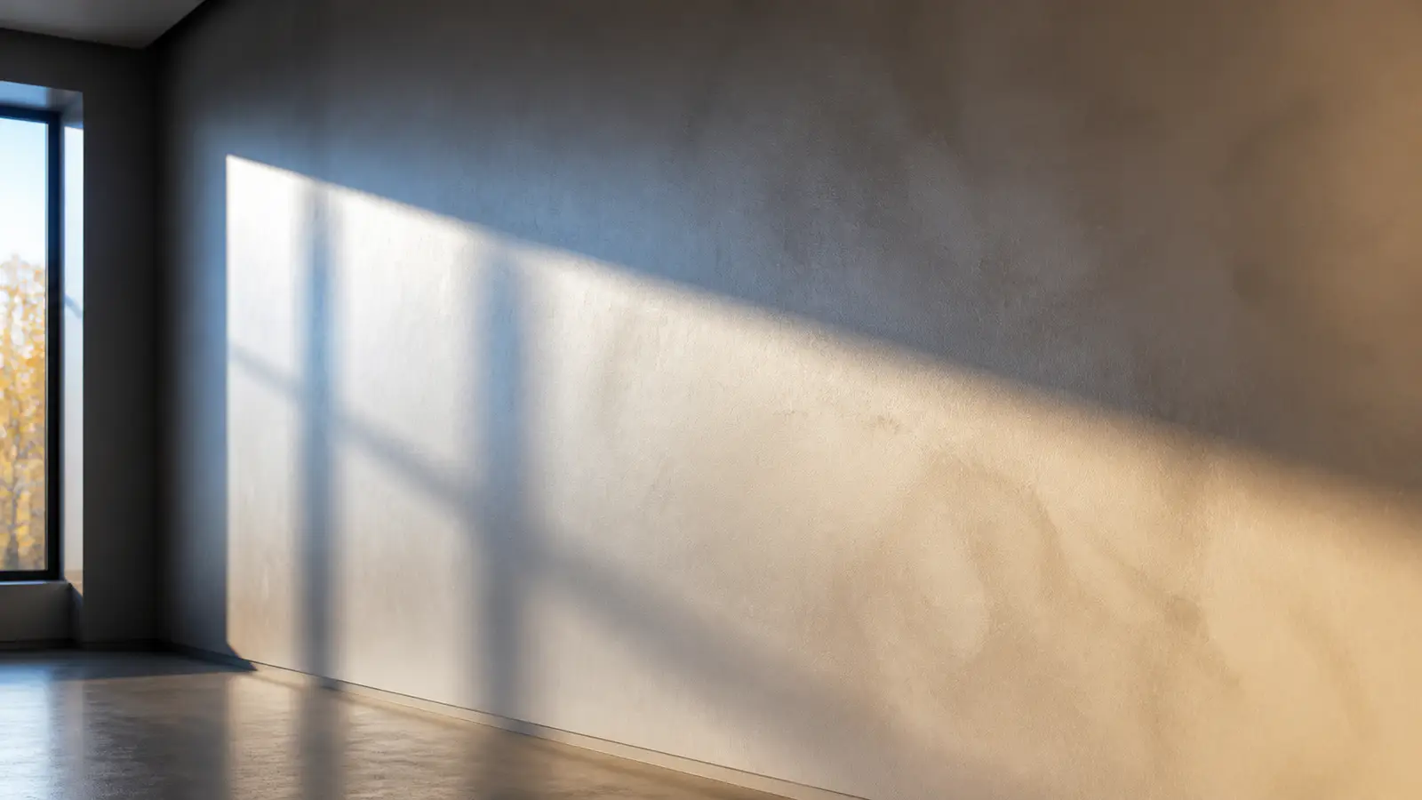 Skim-coated drywall plane under directional window light
