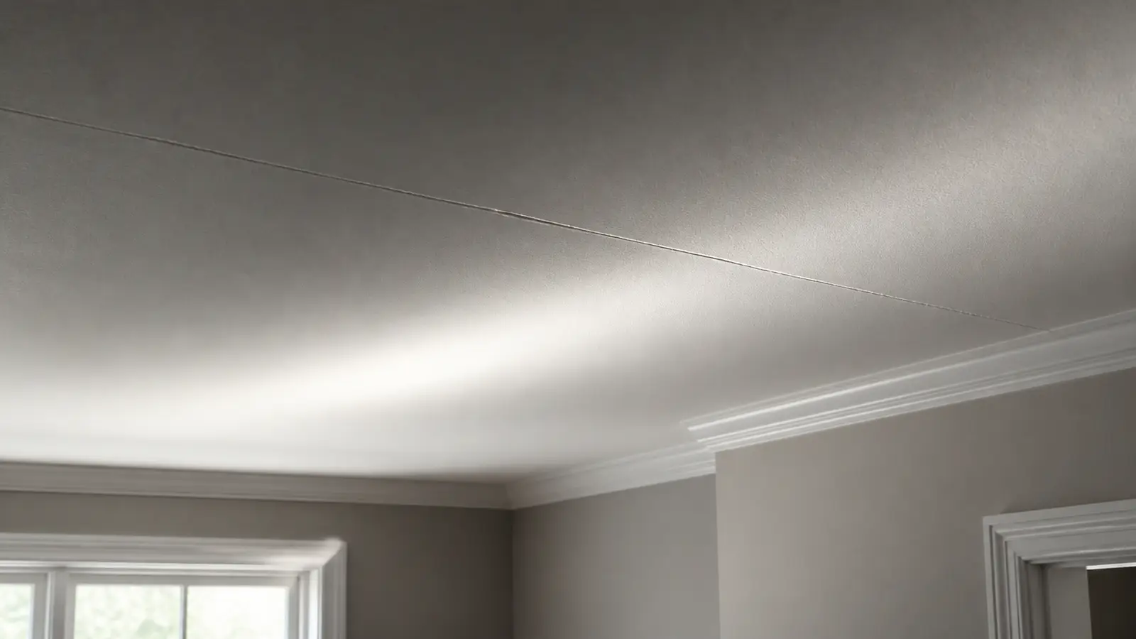 Fine ceiling crack inspected with a straightedge and raking light