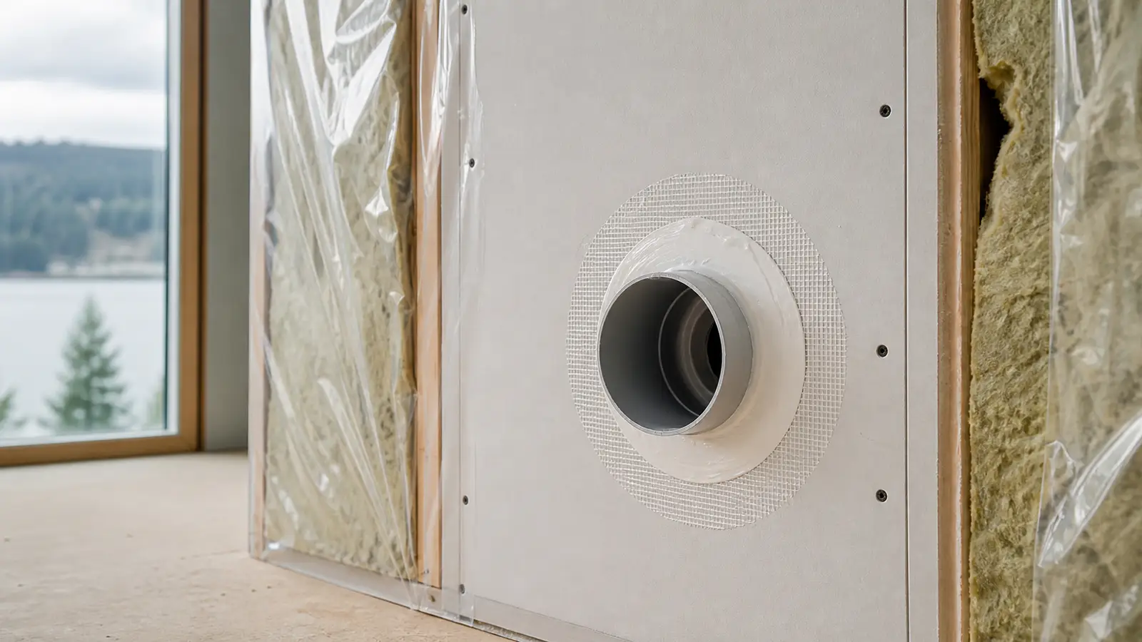 Sealed drywall penetration detail in a moisture-control assembly
