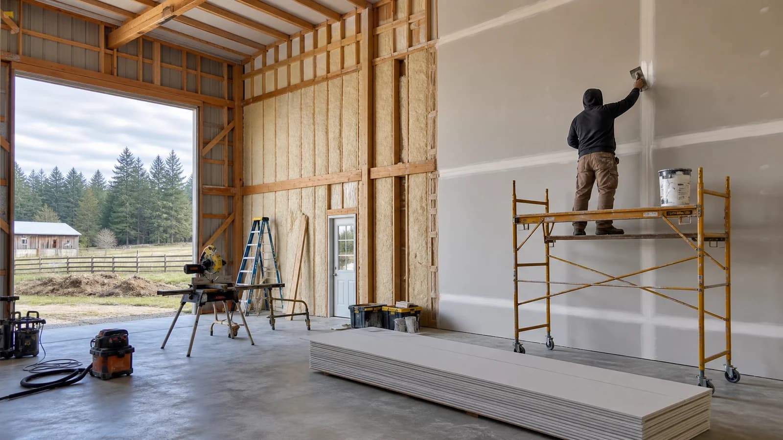 Insulated pole-barn workshop transitioning to tall taped drywall wall planes