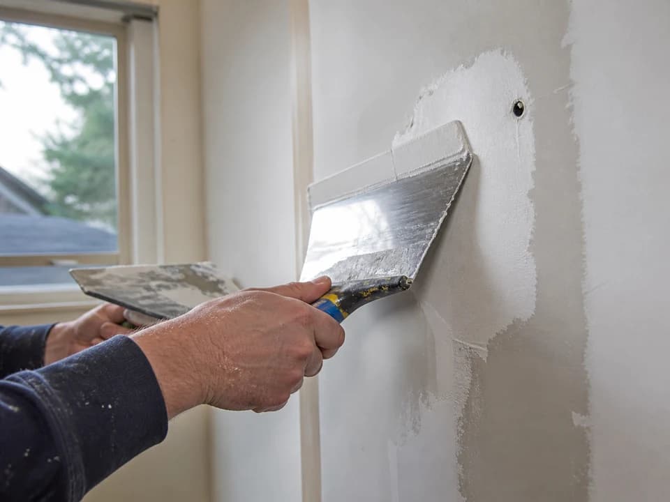 Professional feathering fresh joint compound over a drywall repair beside a window