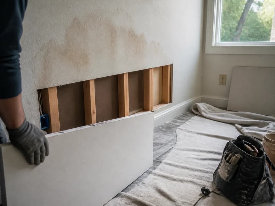 Controlled drywall cut-back revealing clean framing after a water-damage assessment