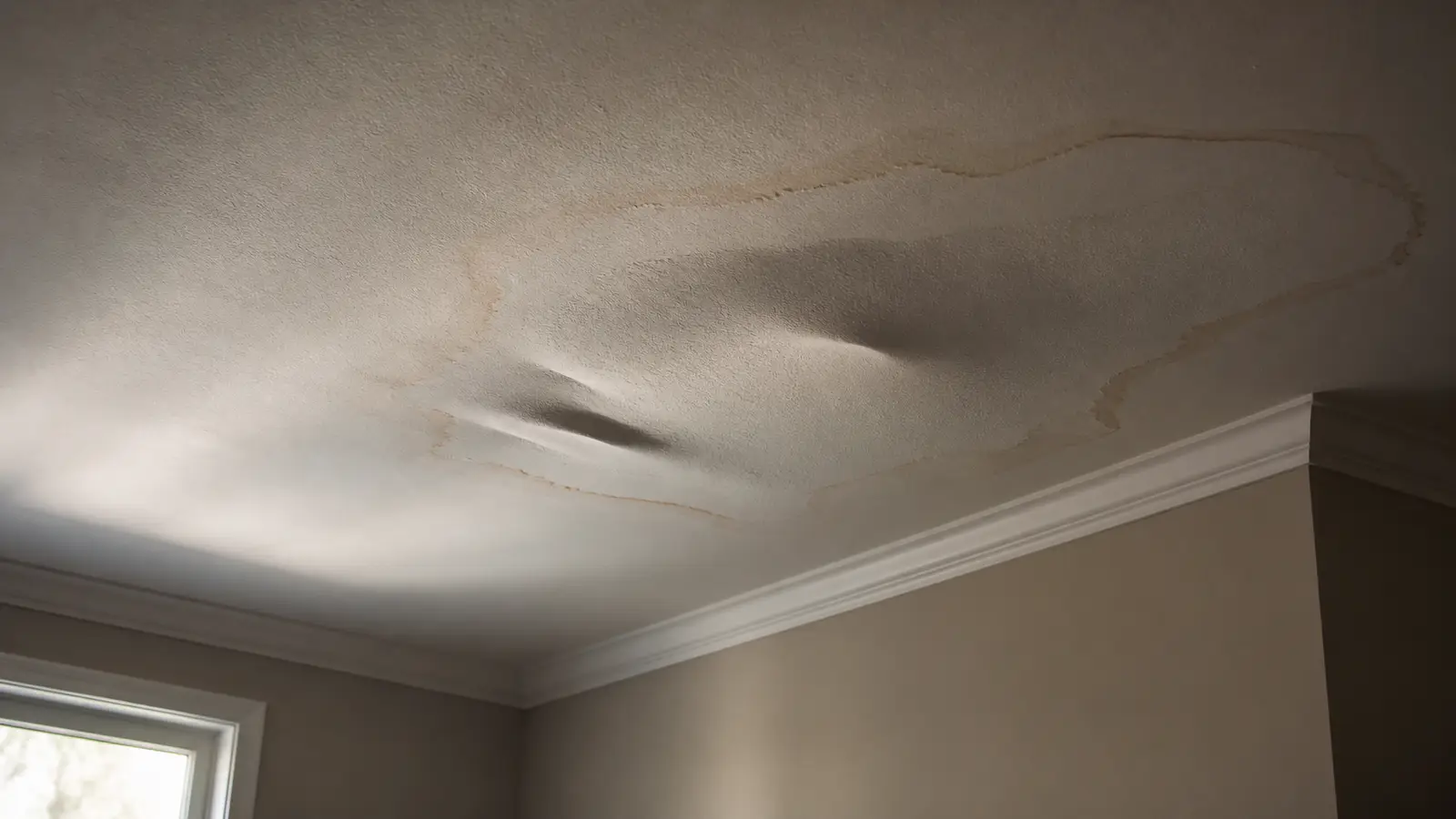 Ceiling water stain and measured sagging drywall detail