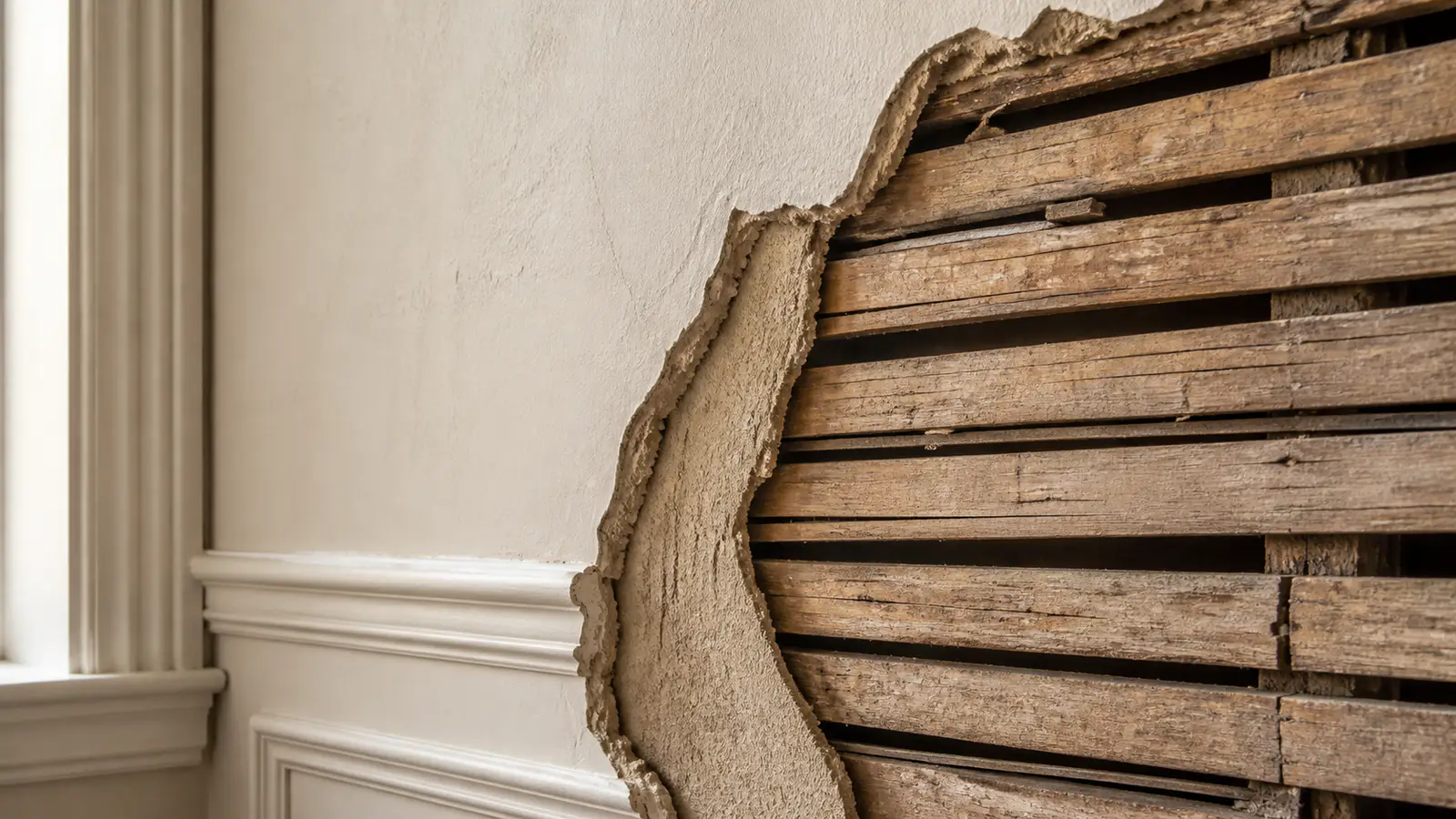 Careful plaster repair alongside original wood lath
