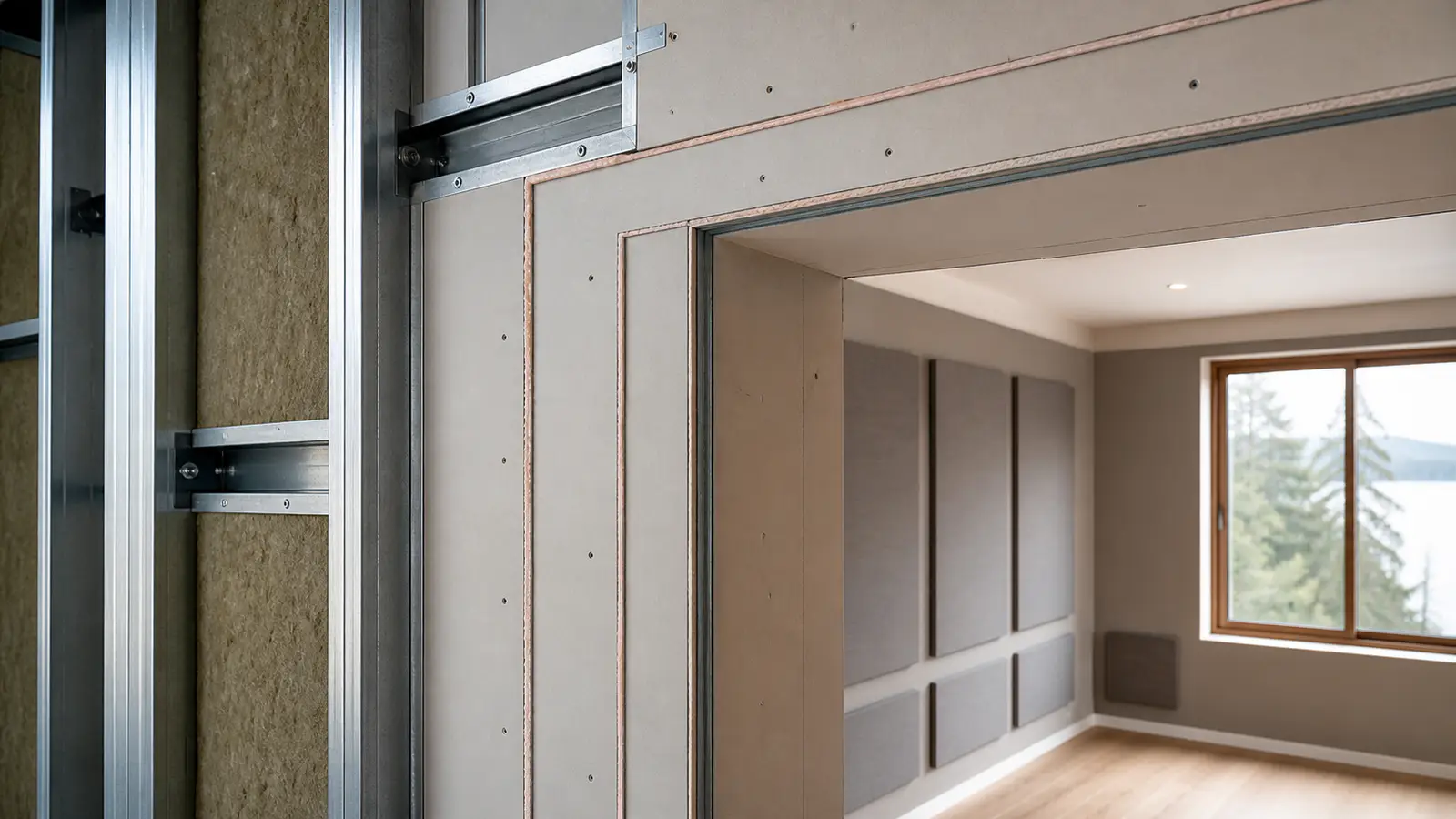 Layered acoustic drywall assembly around a quiet room opening