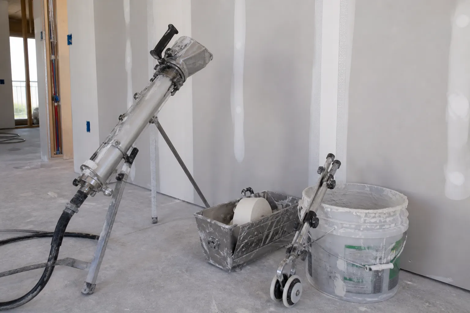 Automatic drywall taper, corner roller, paper tape, and joint compound on a finishing jobsite