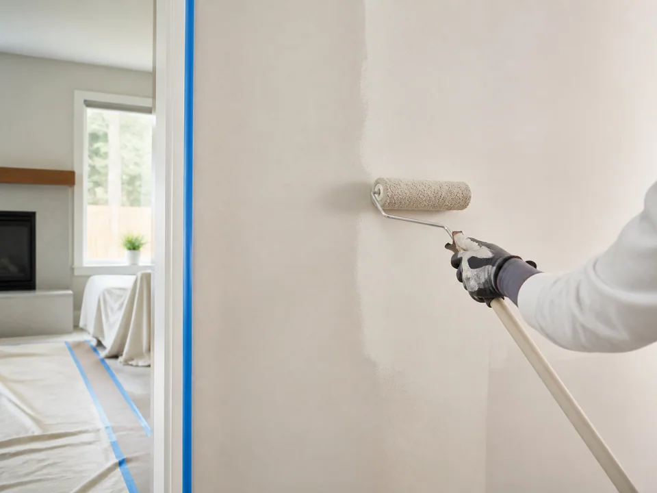 Painter rolling a prepared interior wall beside masked trim and protected flooring