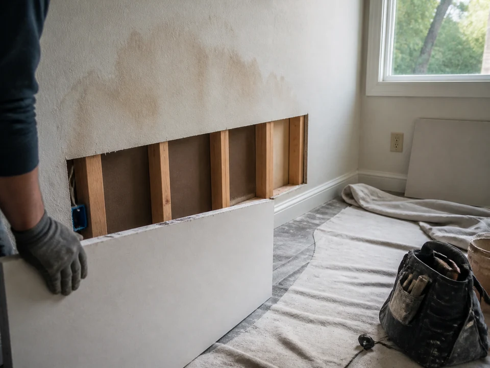 Controlled drywall cut-back revealing clean framing after a water-damage assessment