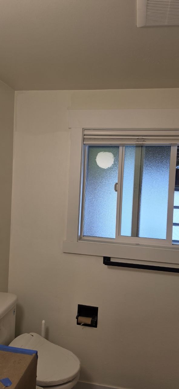 Bathroom wall with a dark towel bar below the window and a toilet-paper holder nearby.